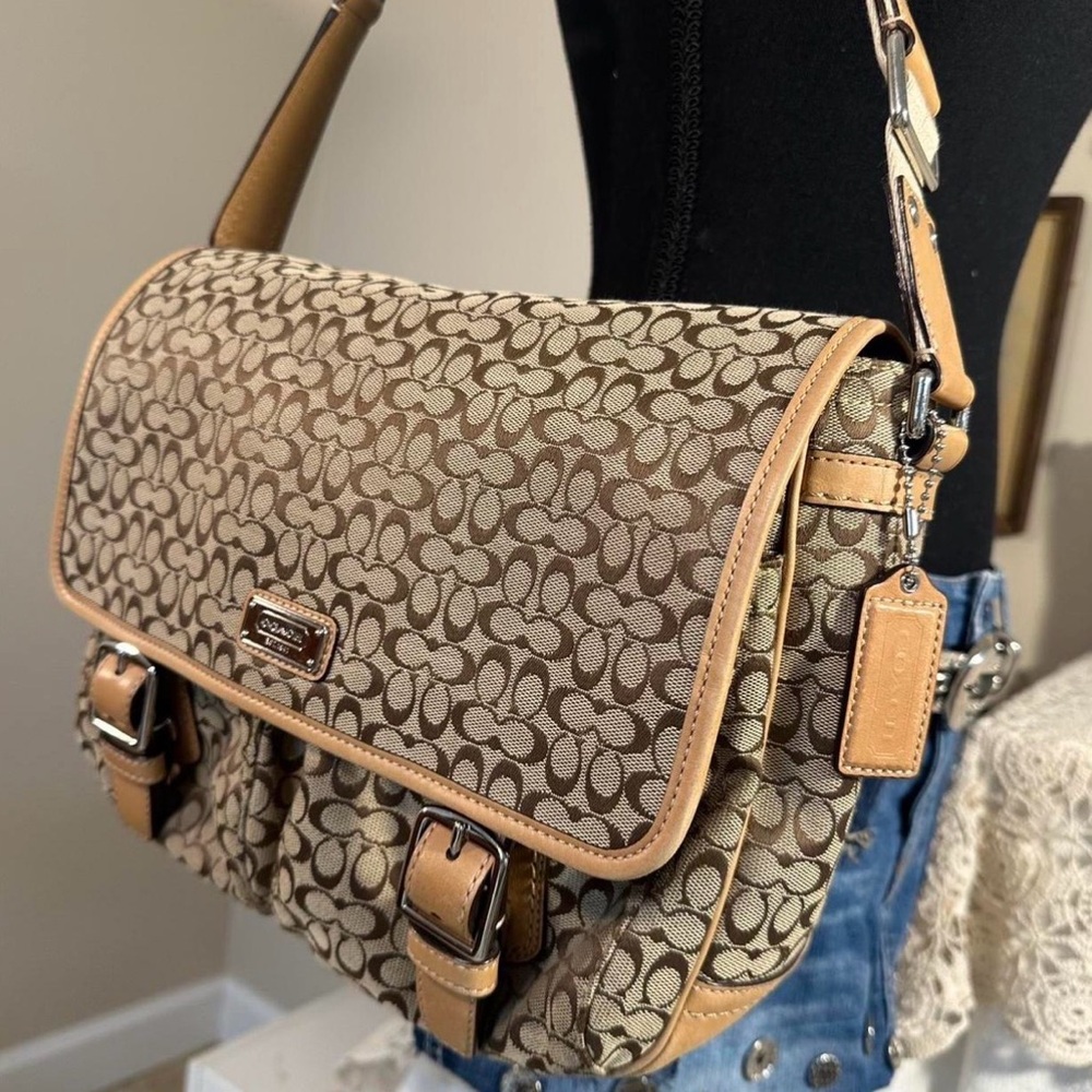 Coach Brown Signature Canvas Messenger Bag with Tan Leather Trim